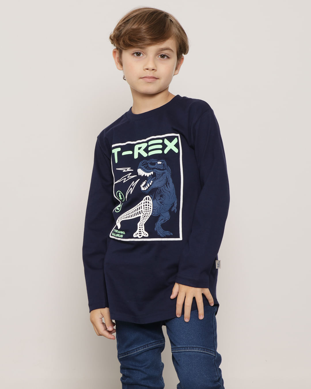 Camiseta Infantil Manga Longa T-Rex Marinho