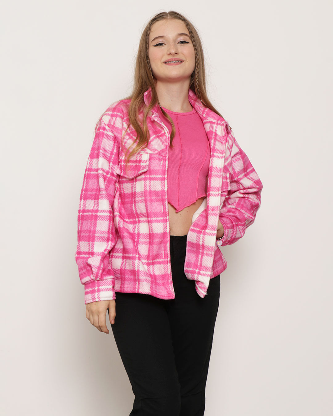 Camisa Juvenil Soft Estampa Xadrez Rosa