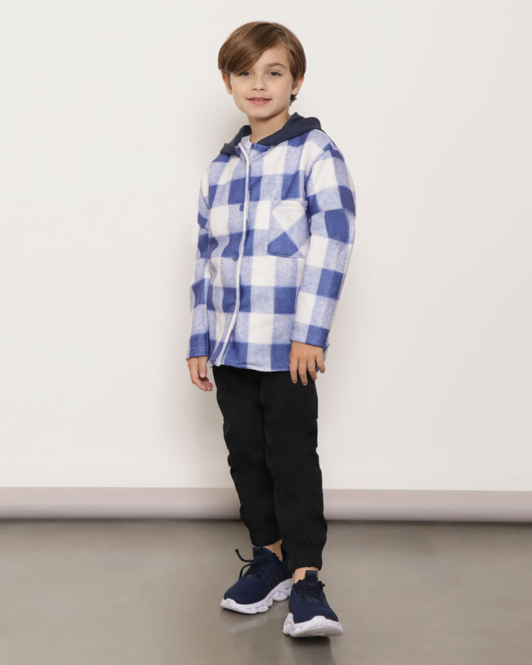 Camisa Infantil Soft Com Capuz Estampa Xadrez Azul