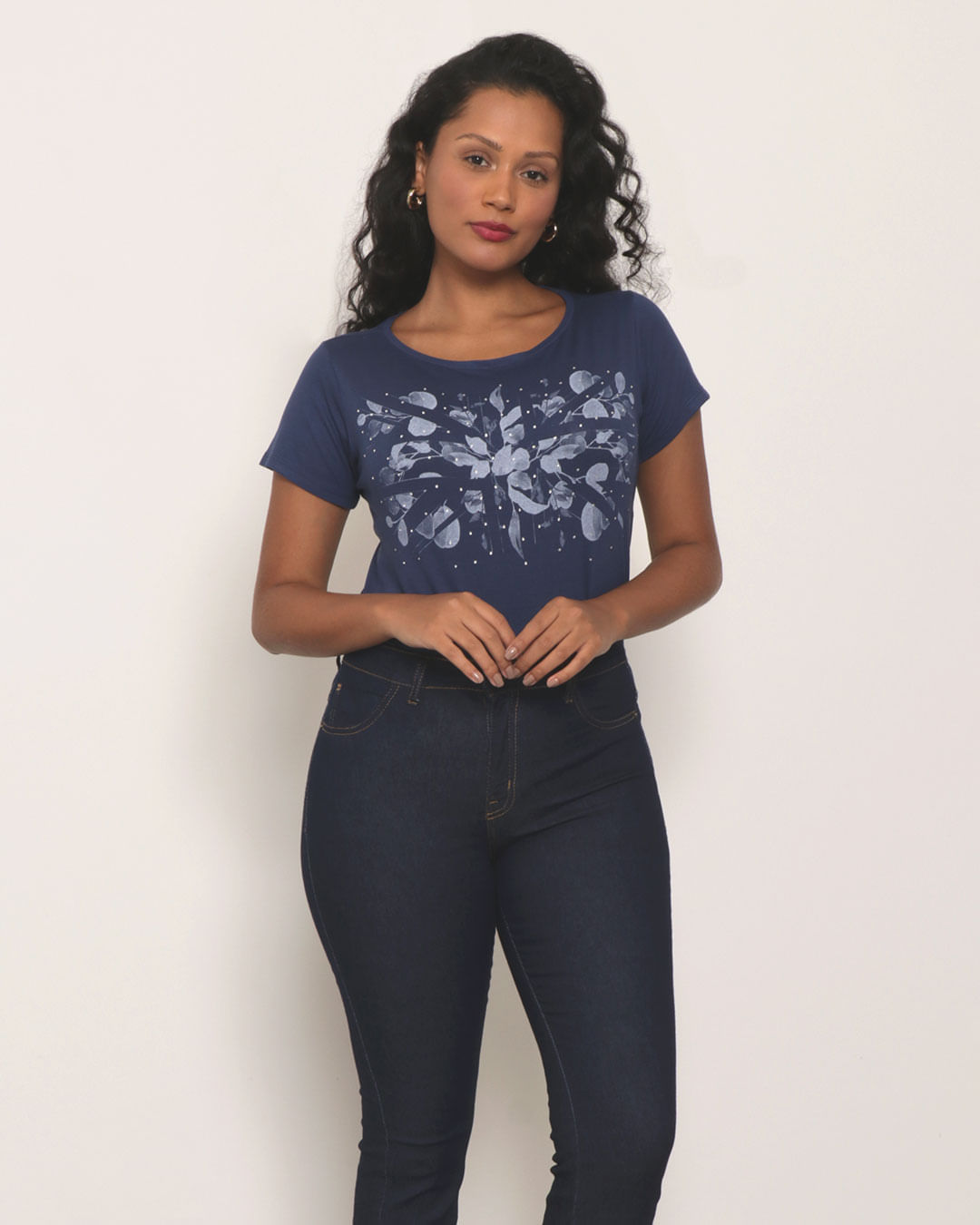 Blusa Feminina Mulet Manga Curta Estampada Marinho