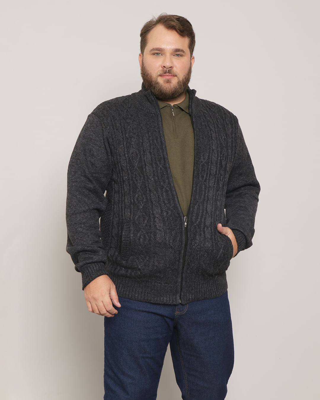 Casaco Plus Size Masculino Tricô Cinza