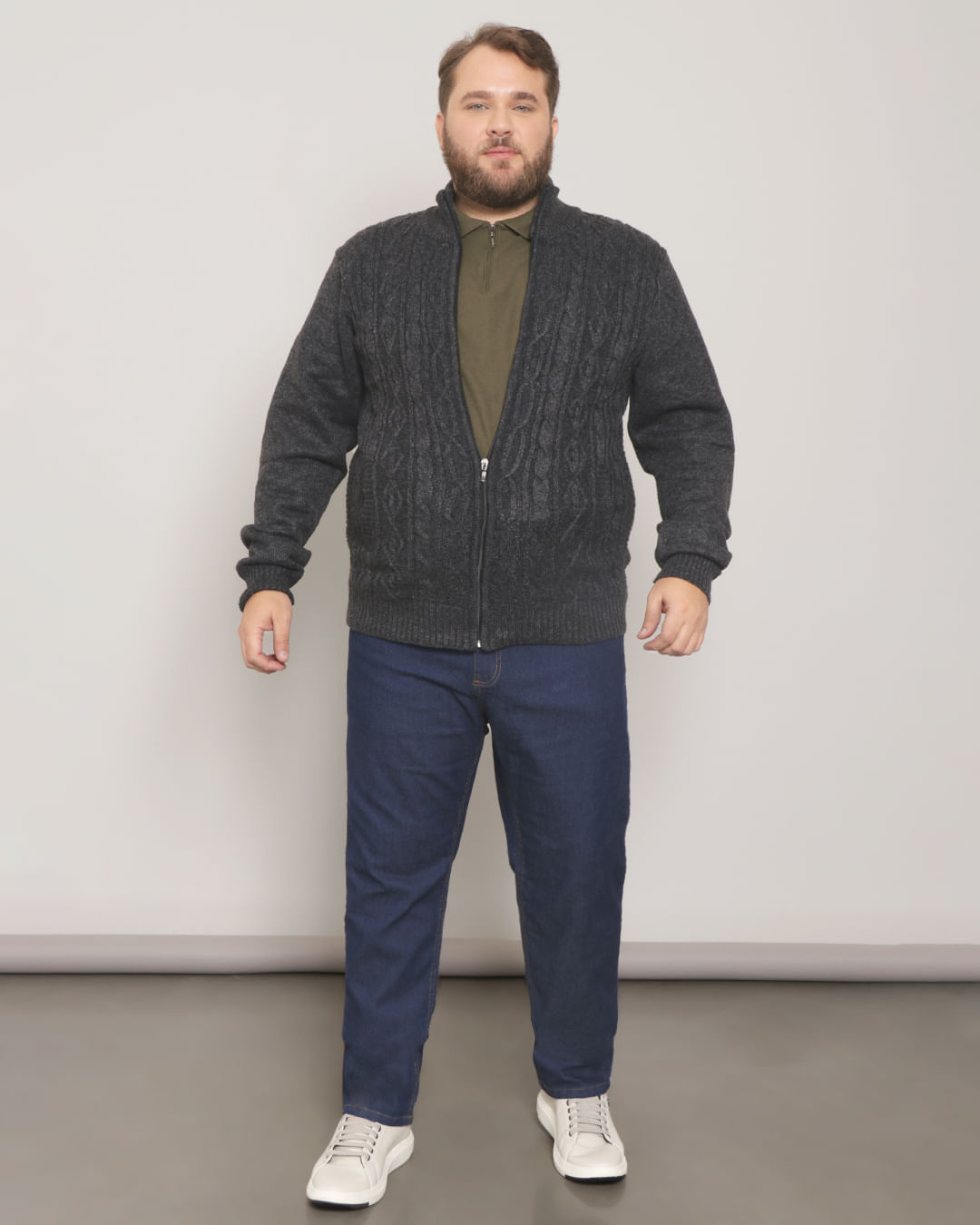 Casaco Plus Size Masculino Tricô Cinza