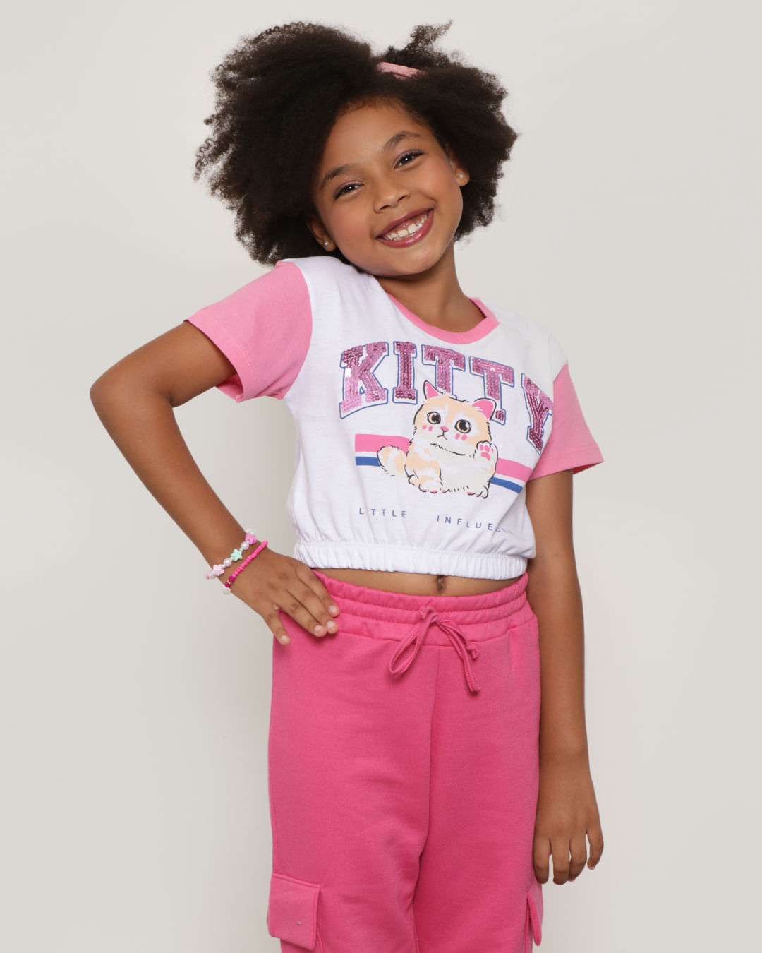 Blusa Infantil Paetê Estampa Kitty Branca