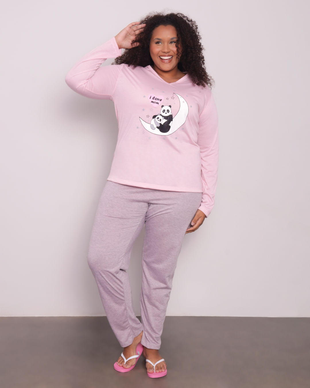 Pijama Feminino Plus Size Manga Longa Panda Rosa