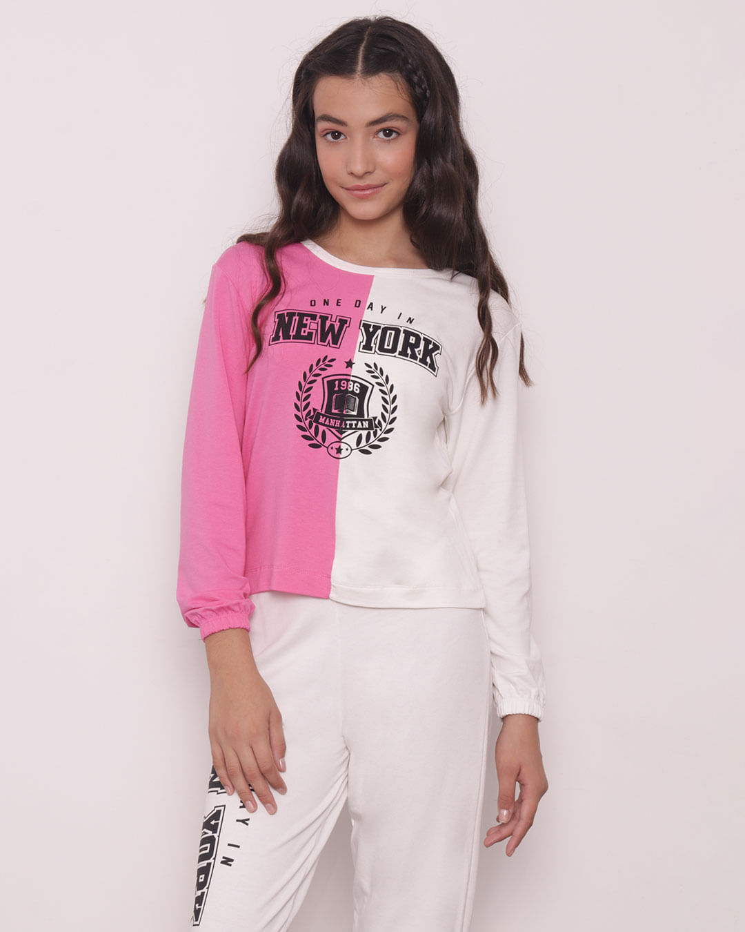 Blusa Moletinho Juvenil Manga Longa Bicolor New York Off White