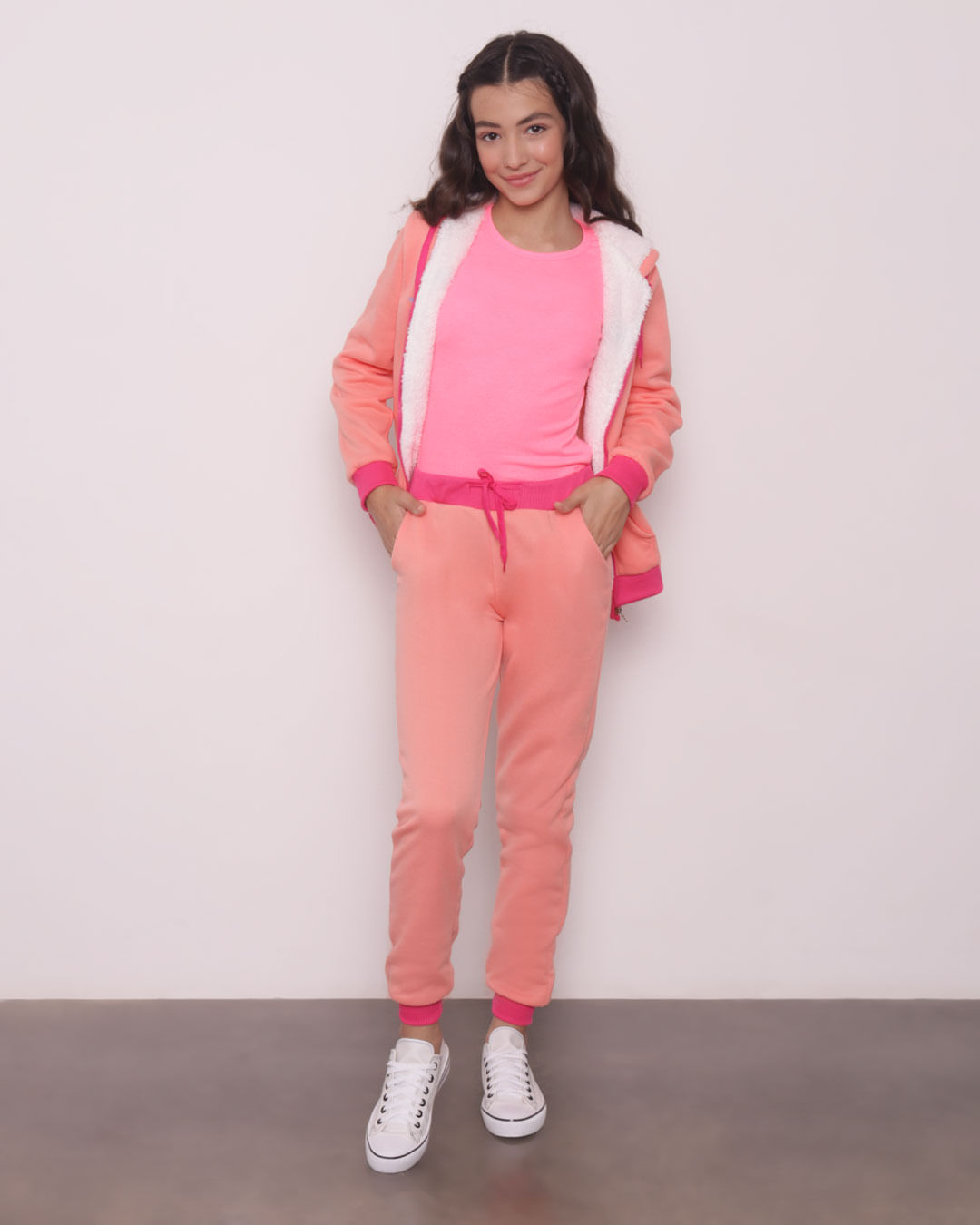 Blusa Juvenil Manga Longa Canelada Frufru Neon Rosa