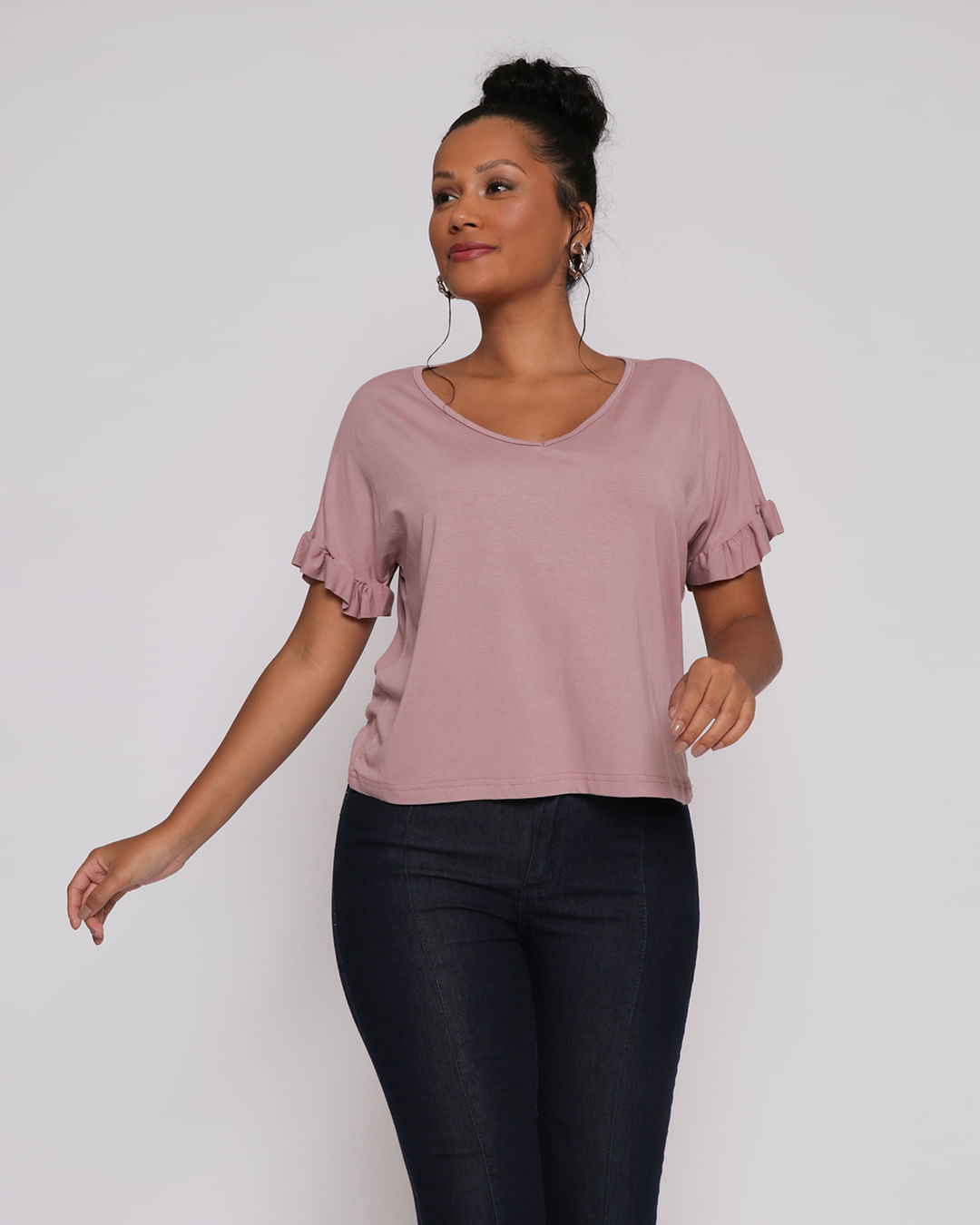 Blusa Feminina Manga Curta Com Babados Rosa