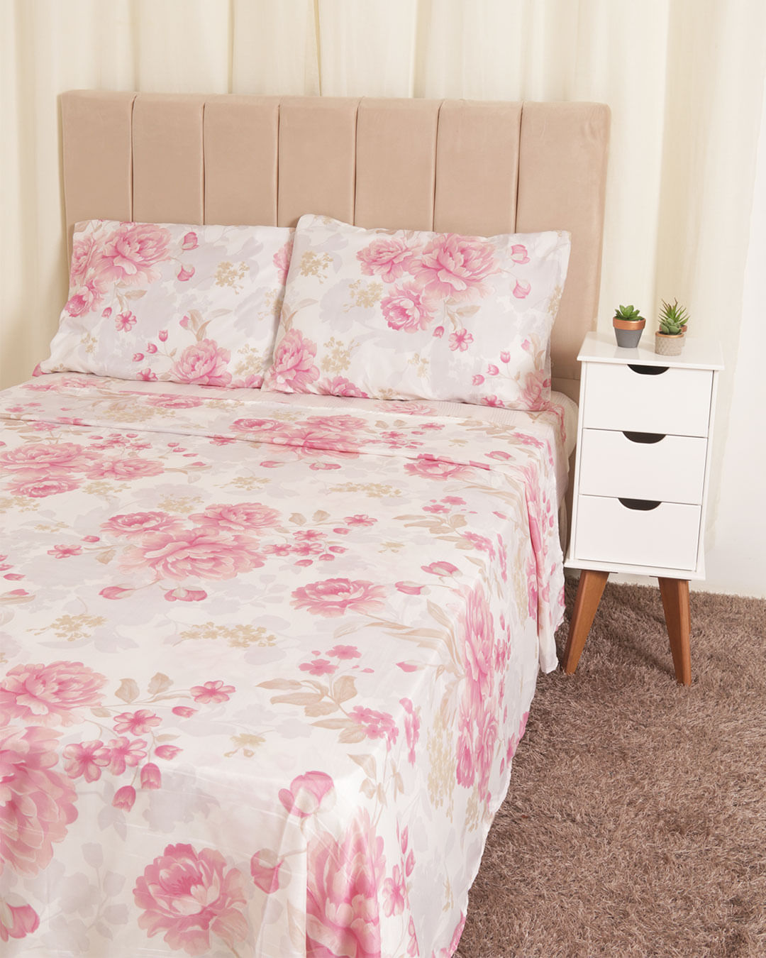 Jogo de Cama Queen Freesia Estampada Floral 150 Fios 4 Peças Andreza Basic Branco