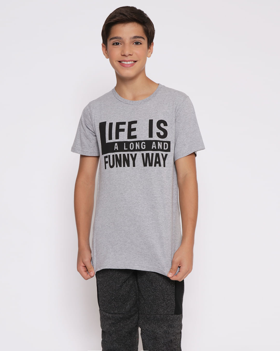 Camiseta Juvenil Manga Curta Com Estampa Life Cinza