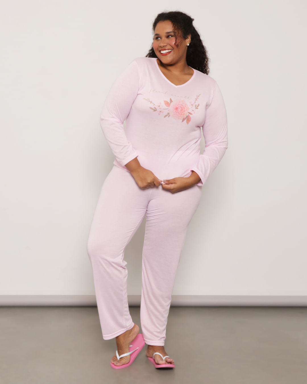 Pijama Feminino Plus Size Longo Estampa Floral Rosa