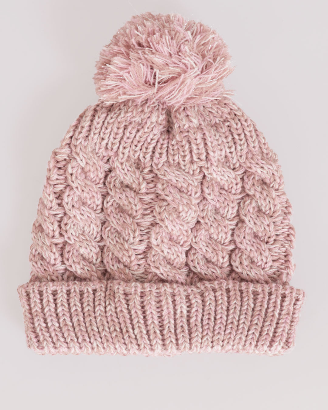 Gorro Feminino De Tricô Trançado Mesclado com Pompom Rosa Claro