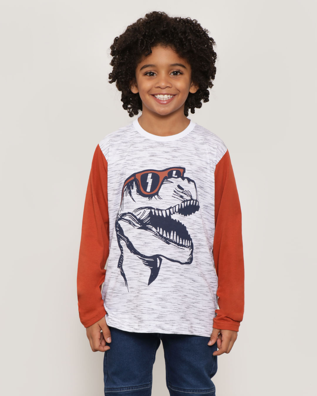 Camiseta Infantil  Estampa Dinossauro Manga Longa Branca