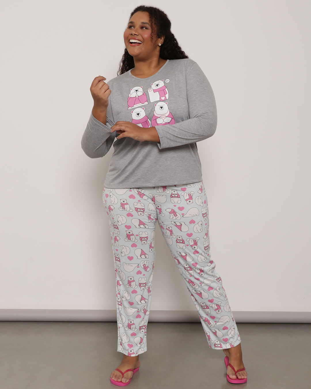 Pijama Plus Size Feminino Longo Estampa Ursinho Cinza