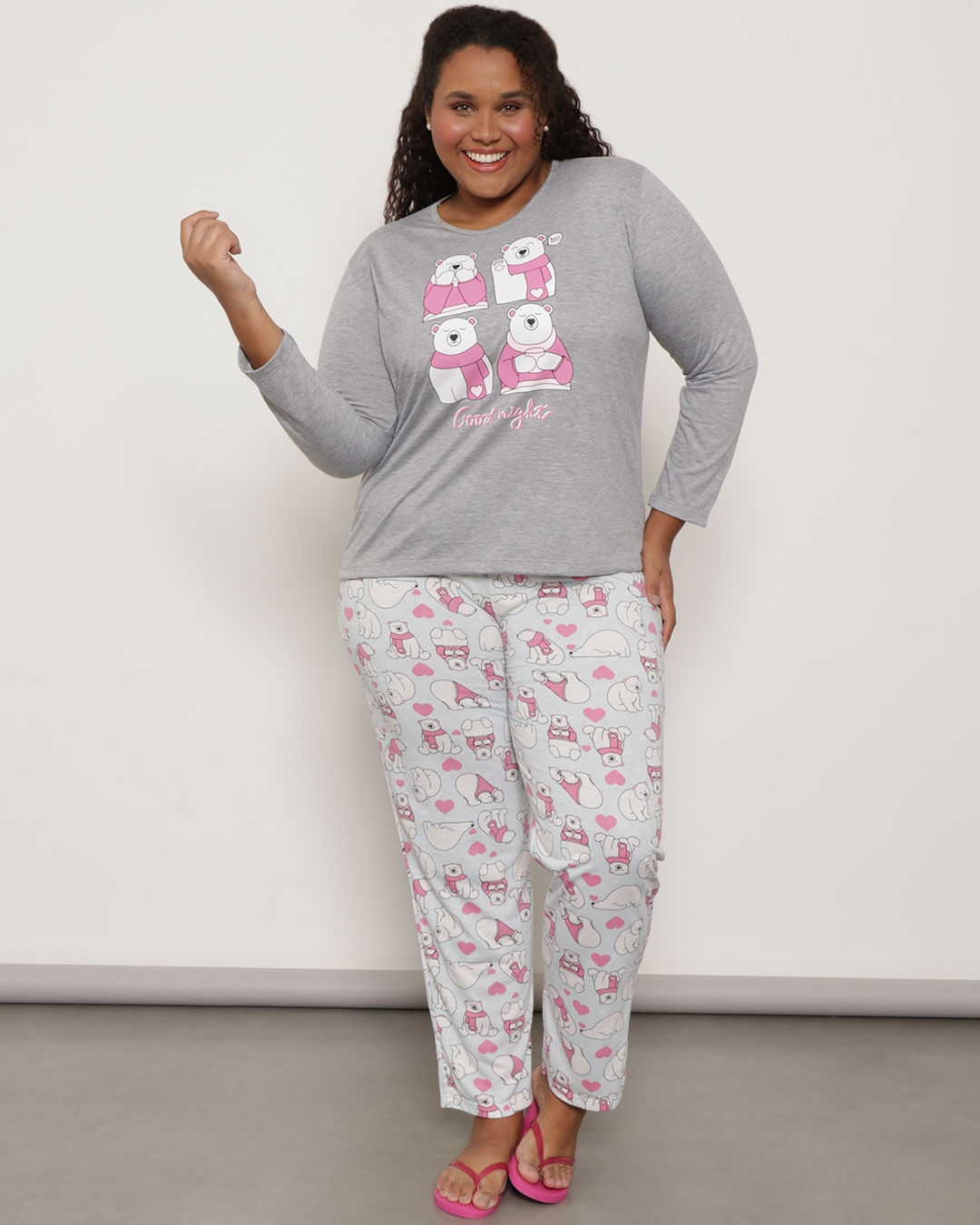 Pijama Plus Size Feminino Longo Estampa Ursinho Cinza