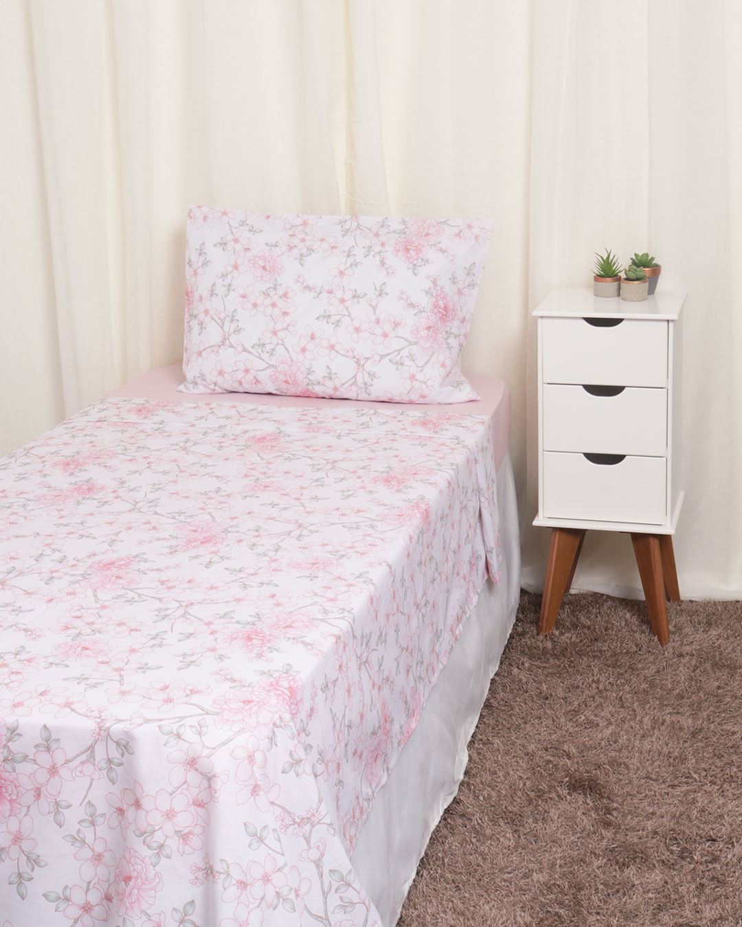 Jogo de Cama Solteiro Floral 3 Peças 100% Algodão Andreza Rosa