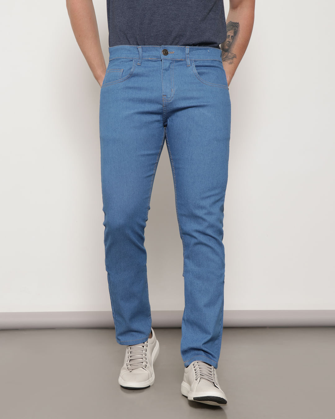 Calça Jeans Masculina Reta Com Bolso Azul Claro