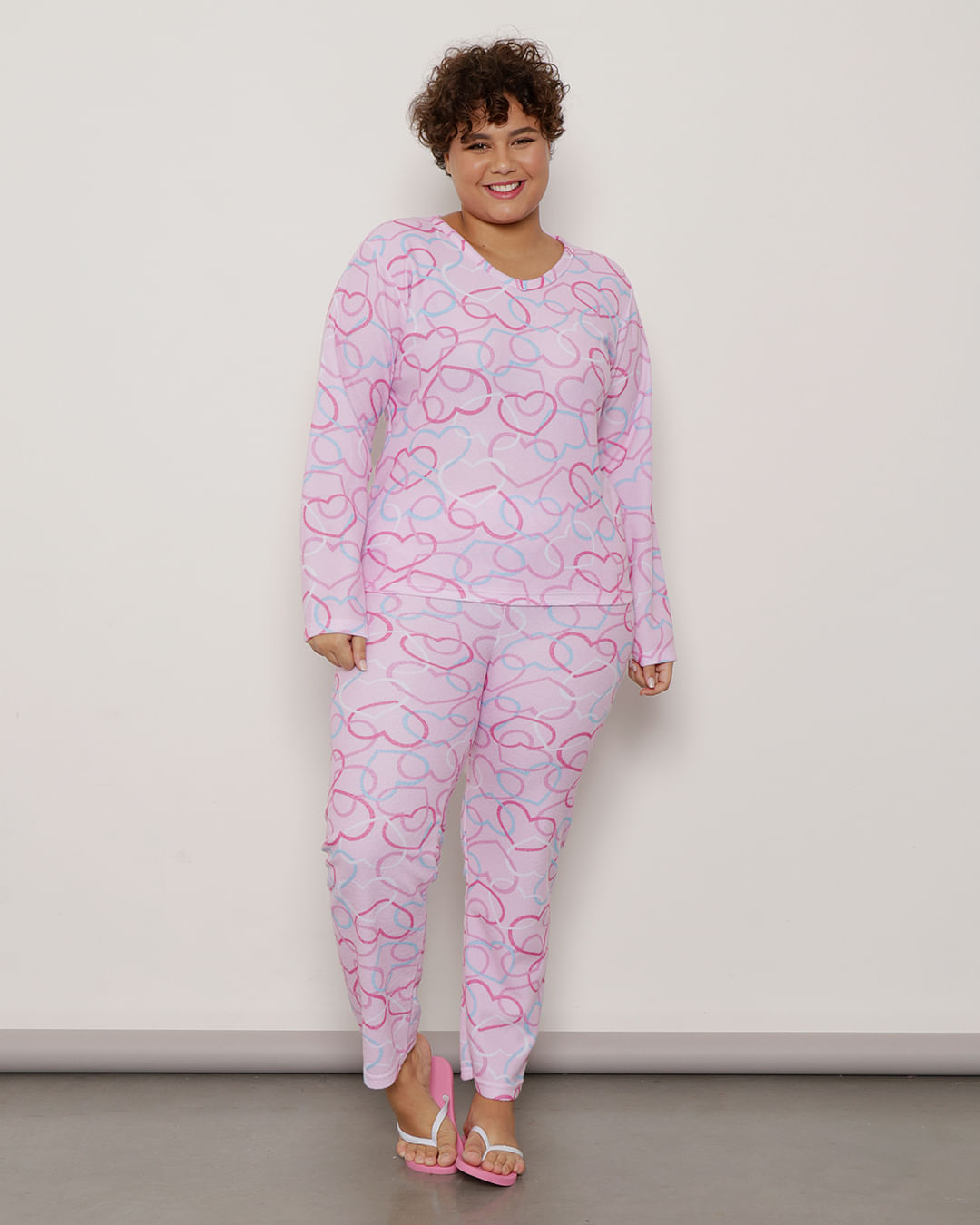 Pijama Plus Size Feminino Manga Longa Coração Soft Rosa