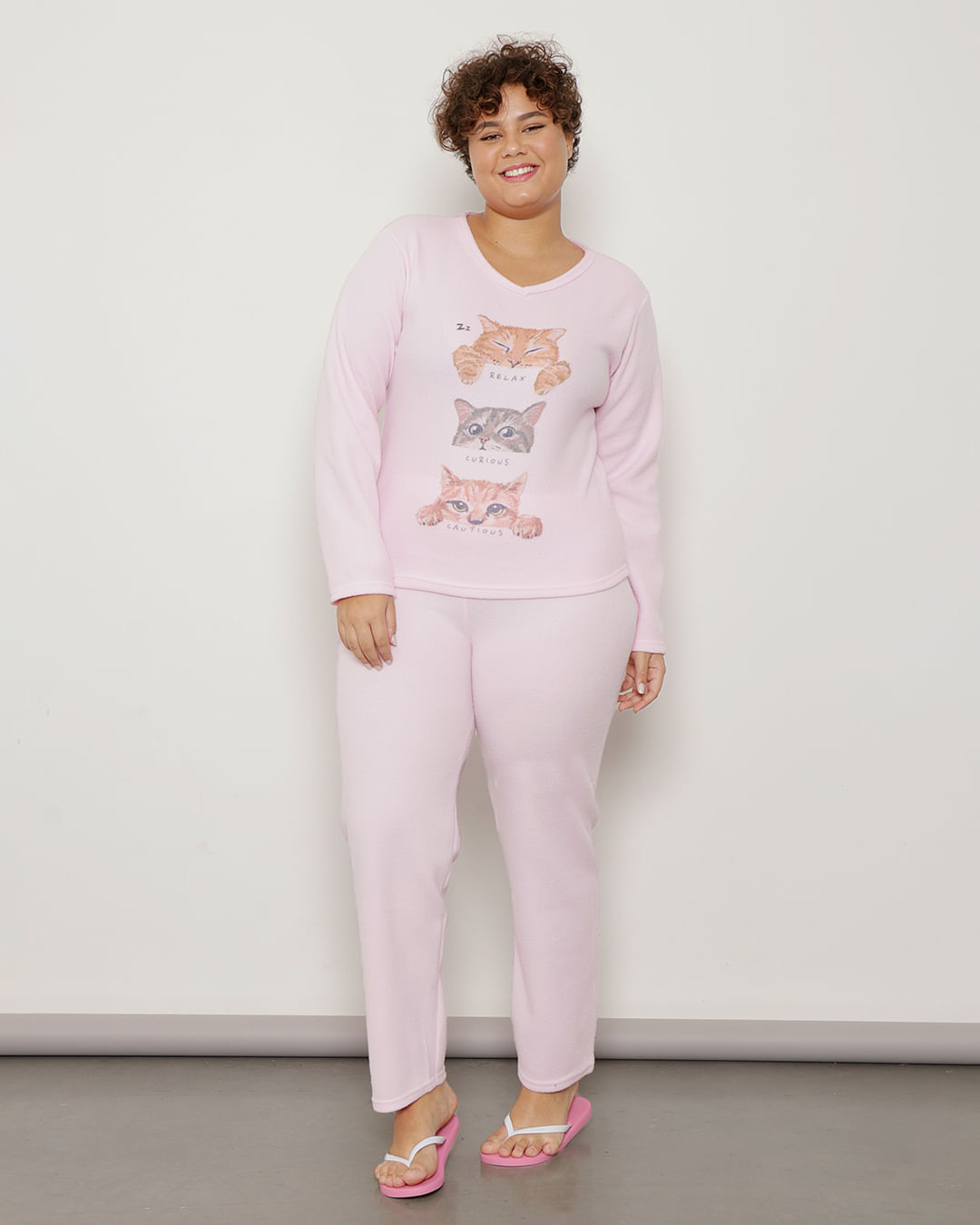 Pijama Plus Size Feminino Manga Longa Soft Rosa Claro