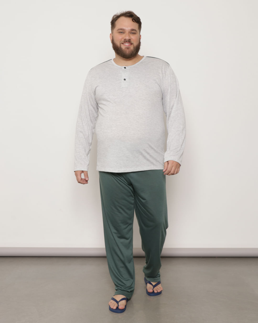 Pijama Plus Size Masculino Manga Longa Verde e Cinza