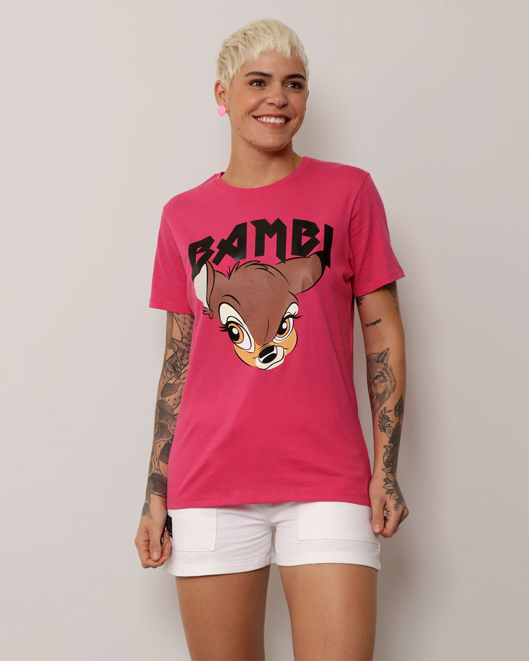 Camiseta Feminina Disney Manga Curta Estampa Bambi Rosa