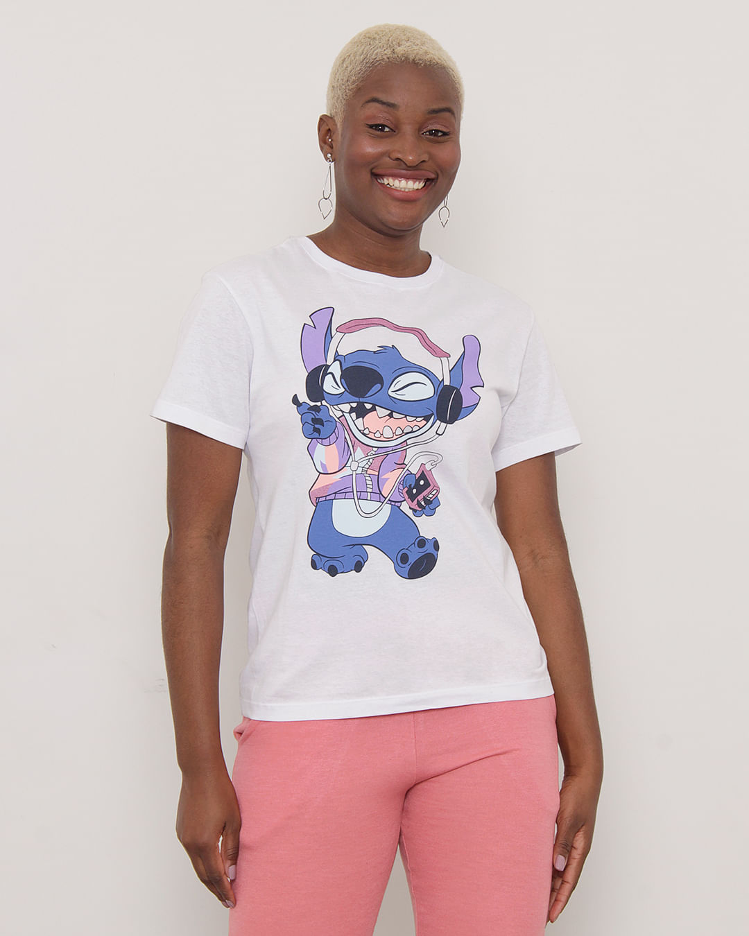 Camiseta Feminina Manga Curta Stitch Disney Branca