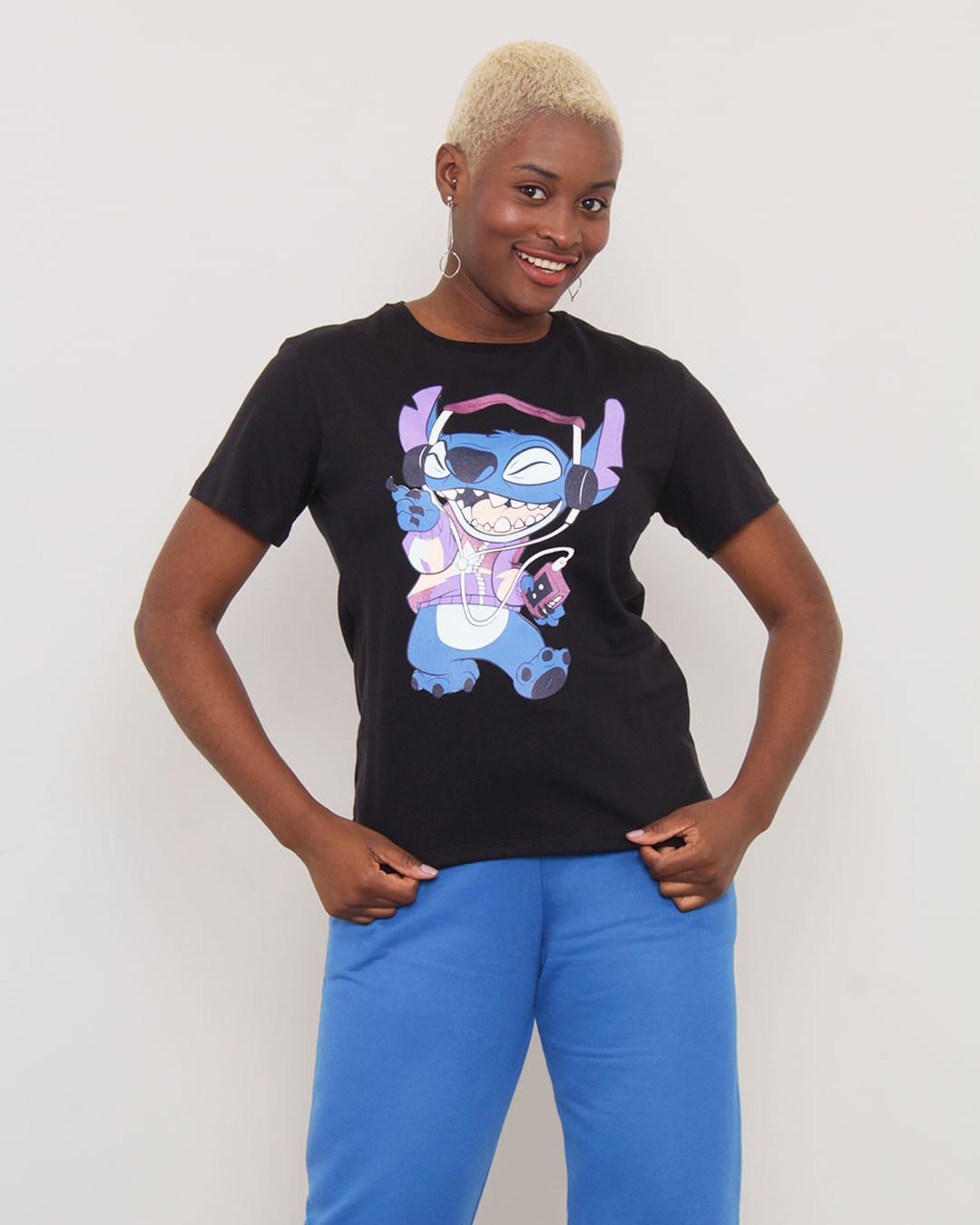 Camiseta Feminina Manga Curta Stitch Disney Preta