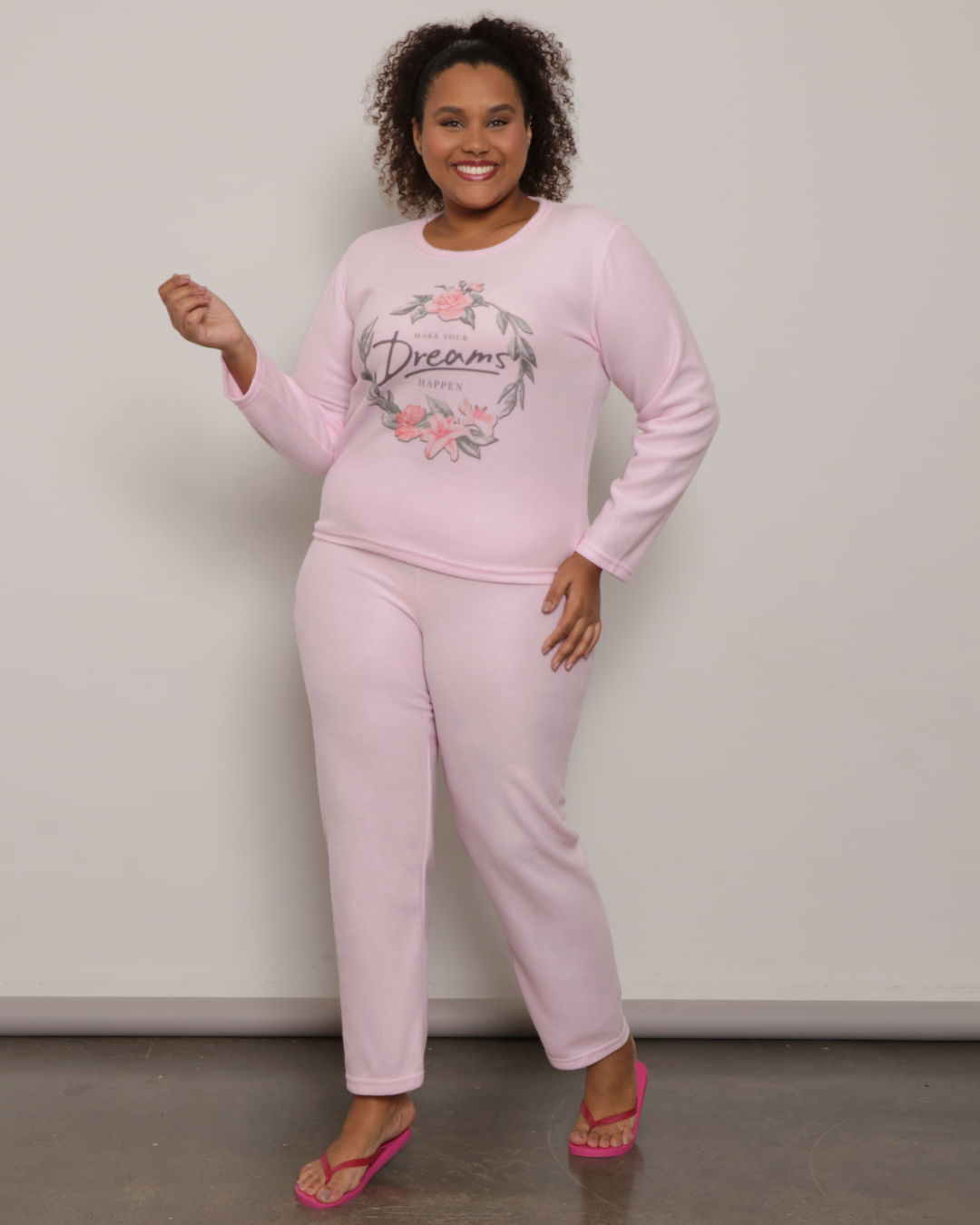 Conjunto Pijama Plus Size Feminino Longo Soft Estampado Rosa
