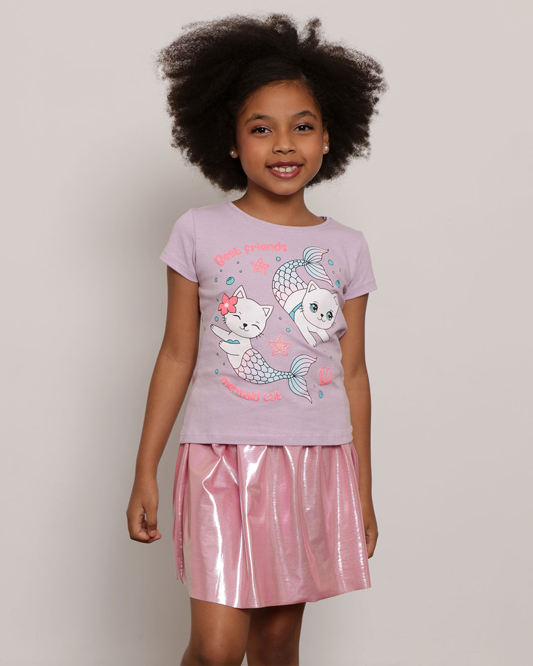 Blusa infantil Manga Curta Estampa Sereias Lilás