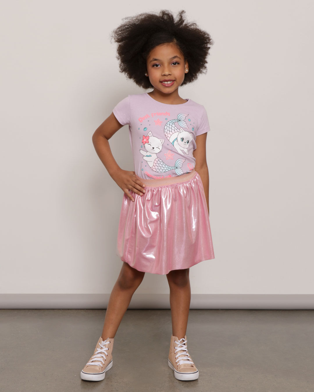 Blusa infantil Manga Curta Estampa Sereias Lilás