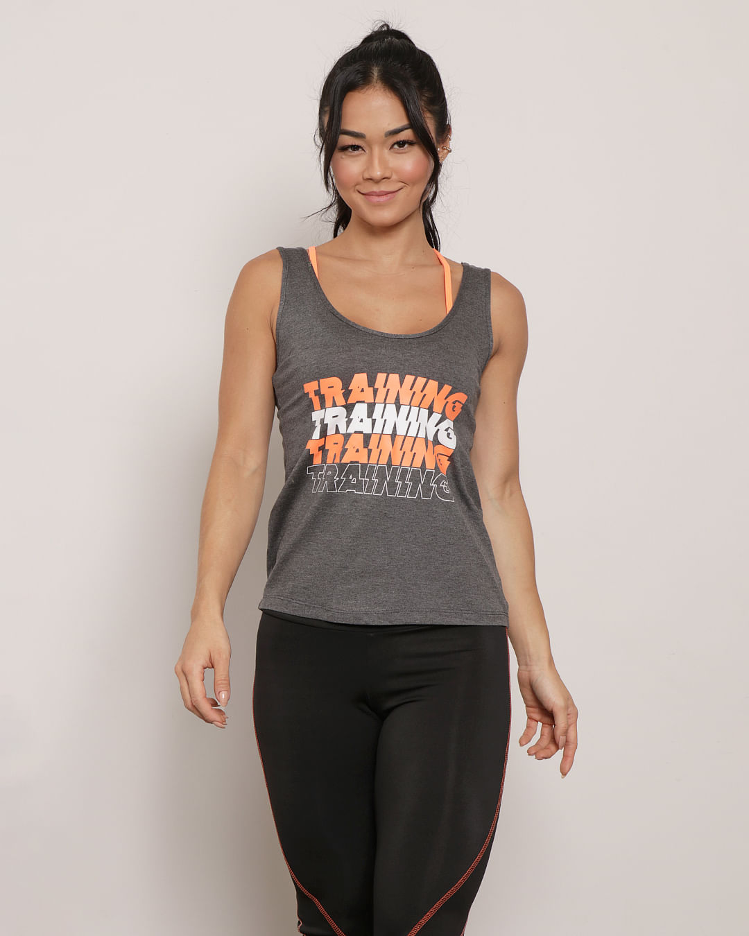 Regata Feminina Fitness Com Top Neon Estampa Training Cinza