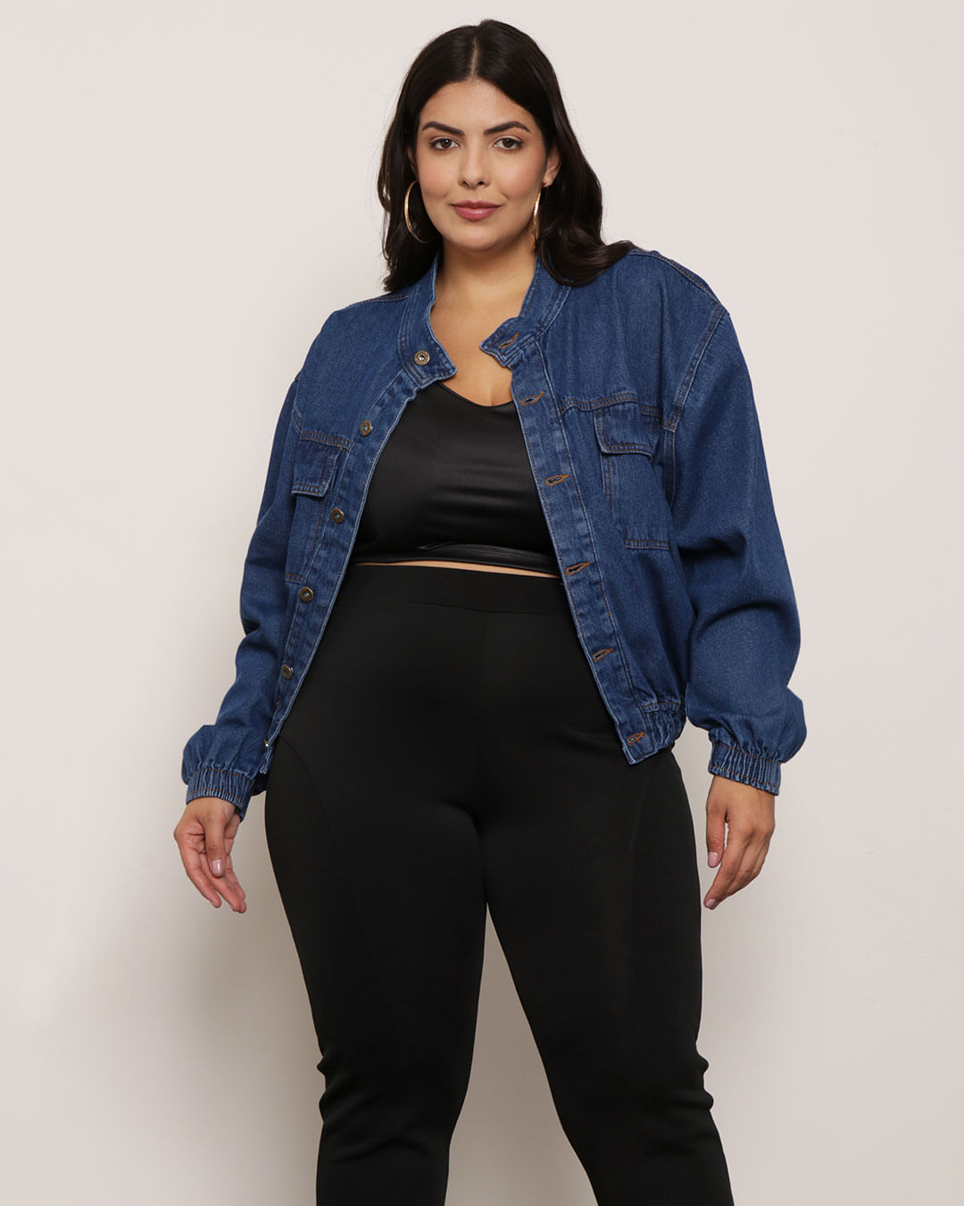 Jaqueta Jeans Feminina Plus Size Com Elástico Azul