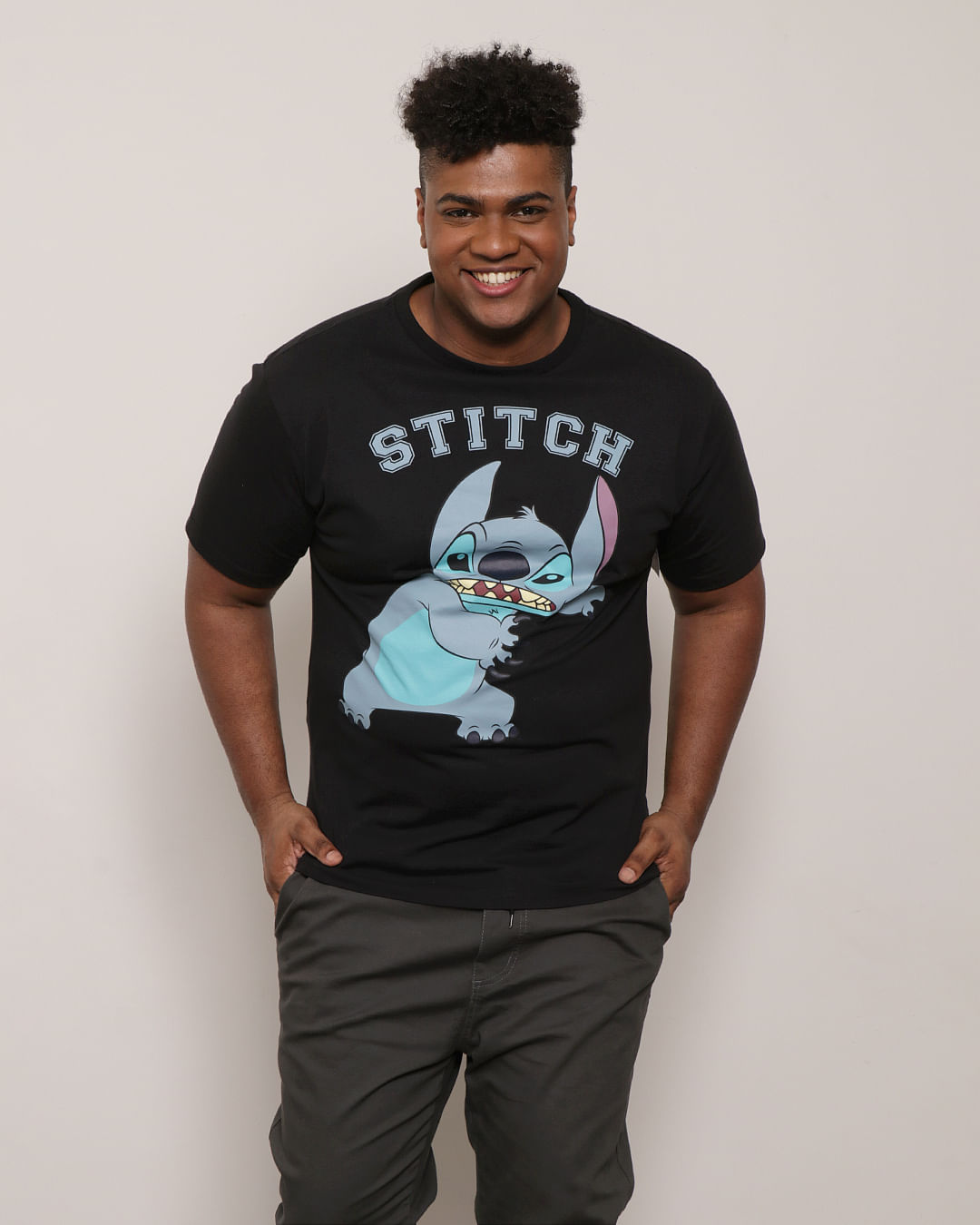 Camiseta Plus Size Masculina Disney Estampa Stitch Preta