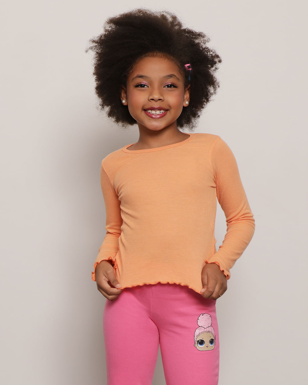 Blusa Infantil Manga Longa Canelada Frufru Laranja