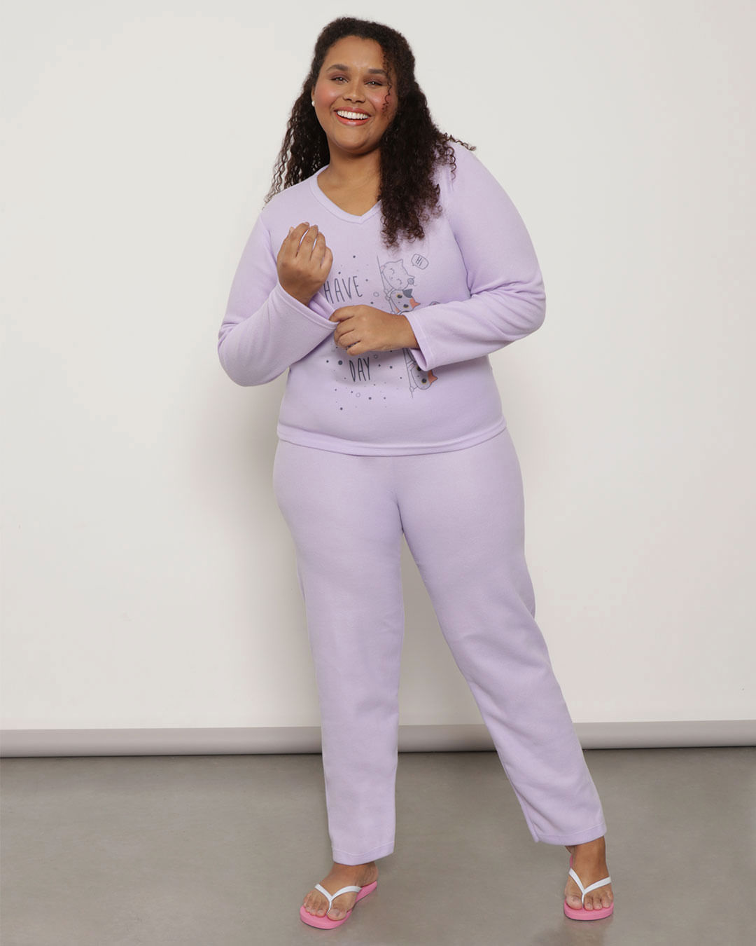 Pijama Plus Size Feminino Manga Longa Soft Lilás