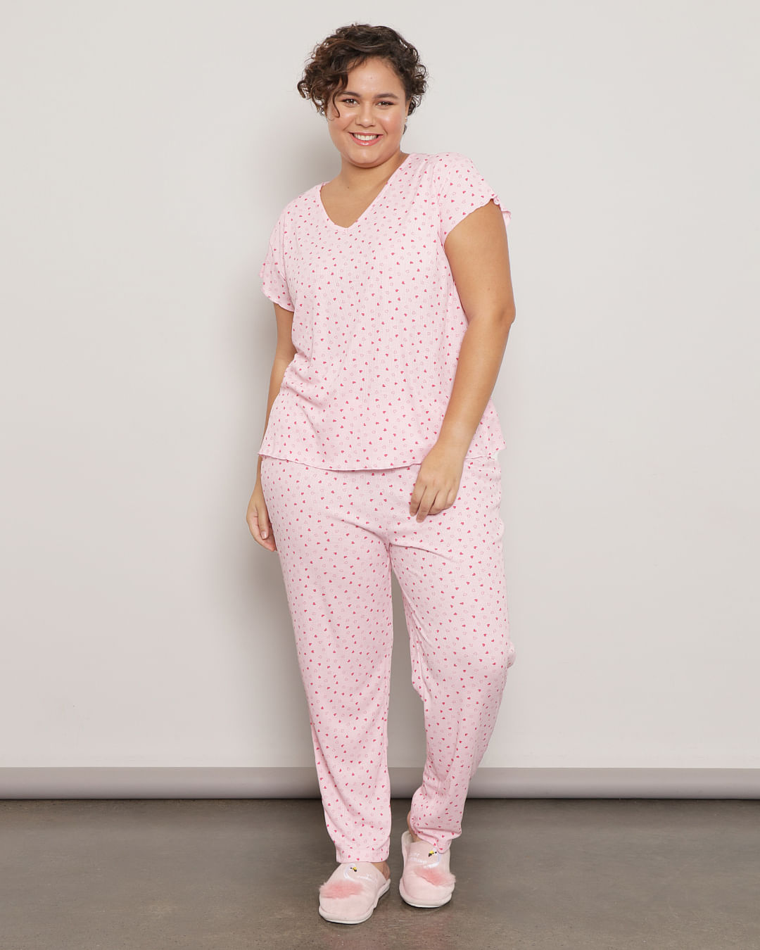 Pijama Plus Size Feminino Estampado Coração Rosa