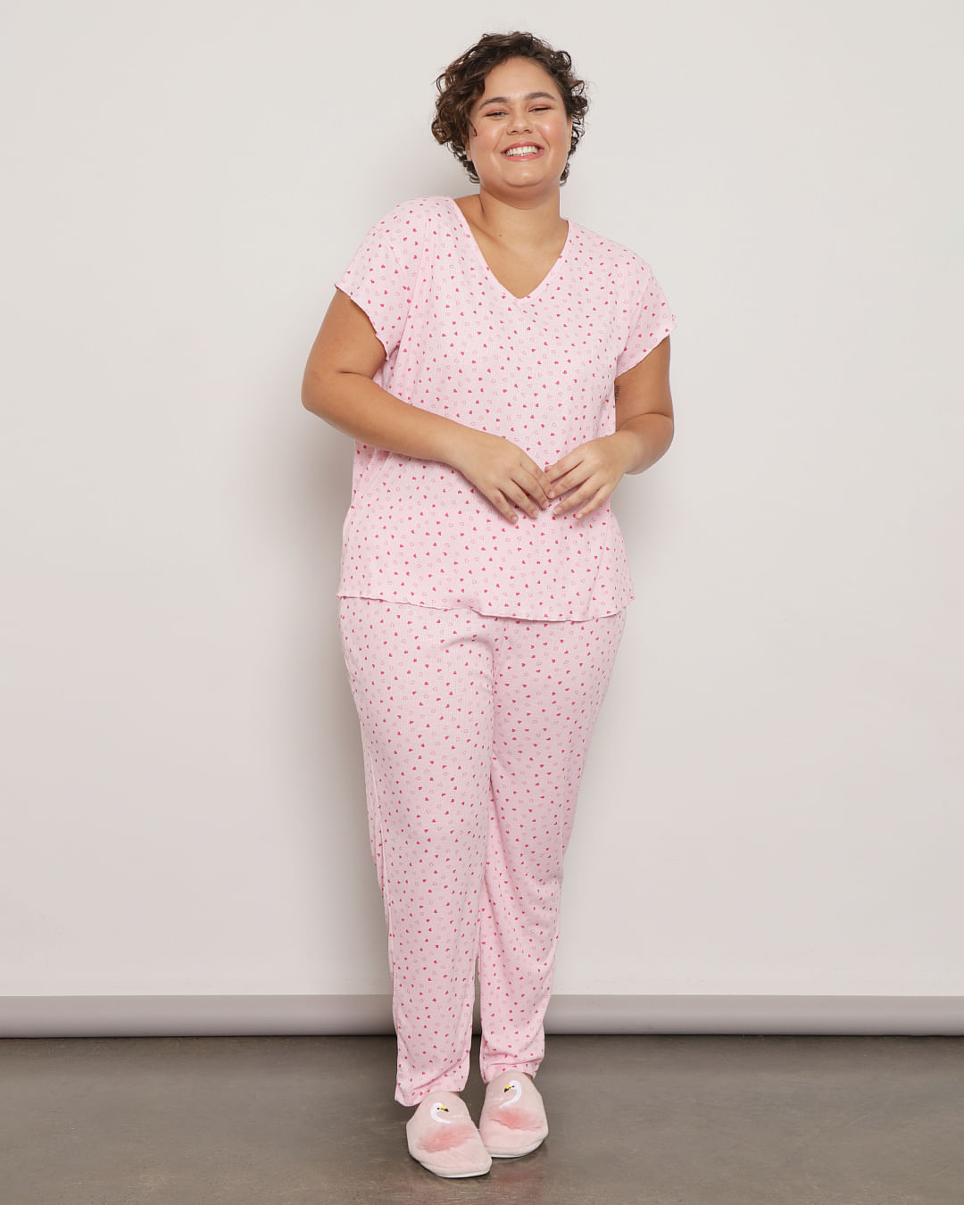 Pijama Plus Size Feminino Estampado Coração Rosa