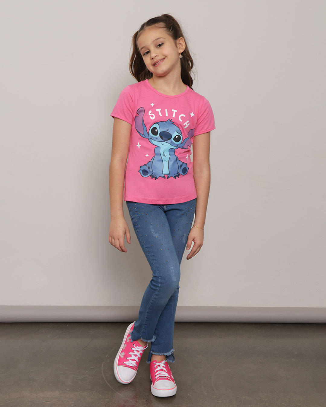 Blusa Infantil Disney Stitch Manga Curta Rosa